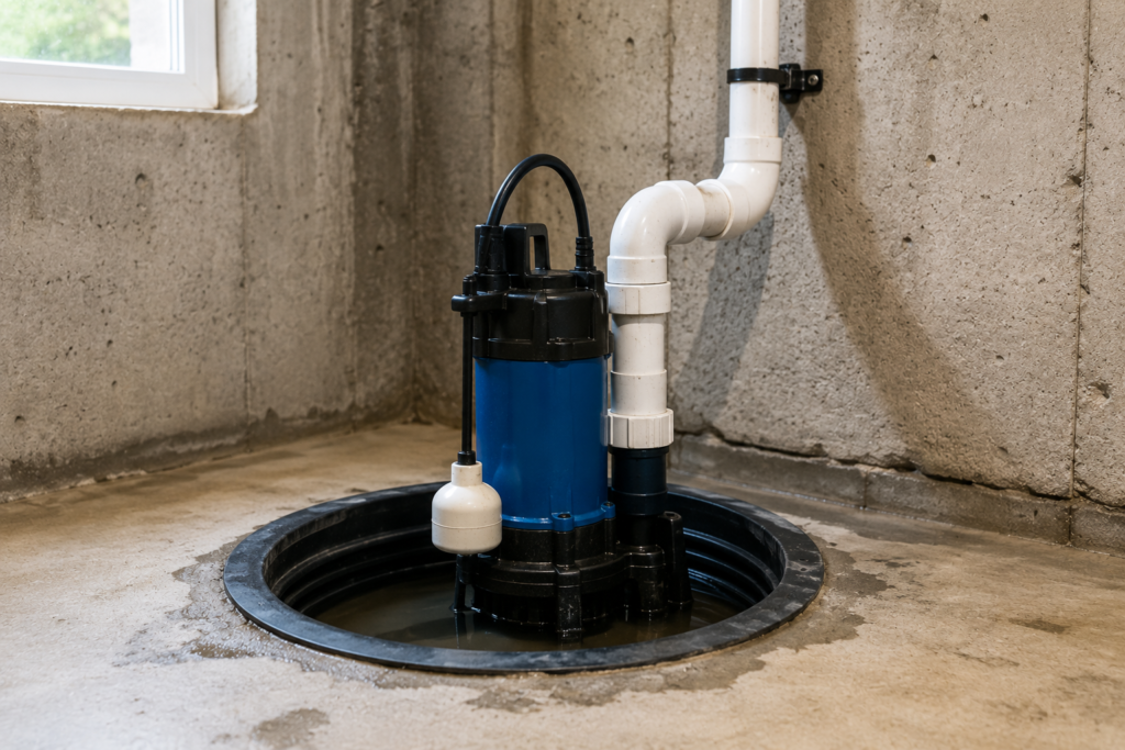 Sump pump backup plan with primary pump backup power alarm and discharge checks