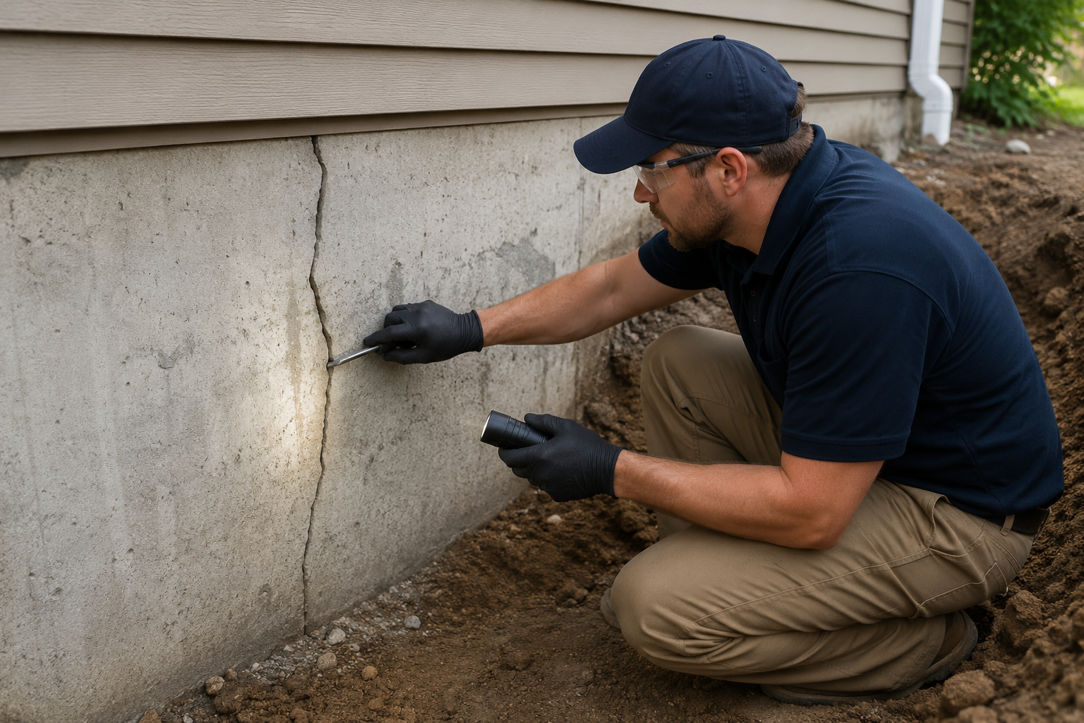 Bowed basement wall signs being documented during a wall evaluation
